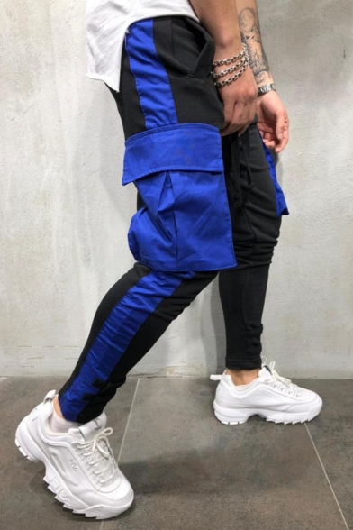 Men's Trendy Drawstring Waist Fashion Colorblocked Flap Pocket Sporty Skinny Pencil Pants