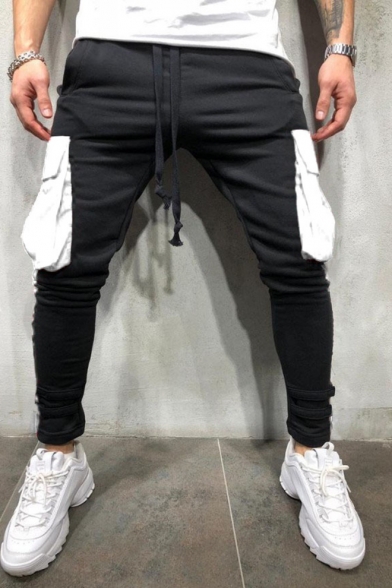 Men's Trendy Drawstring Waist Fashion Colorblocked Flap Pocket Sporty Skinny Pencil Pants