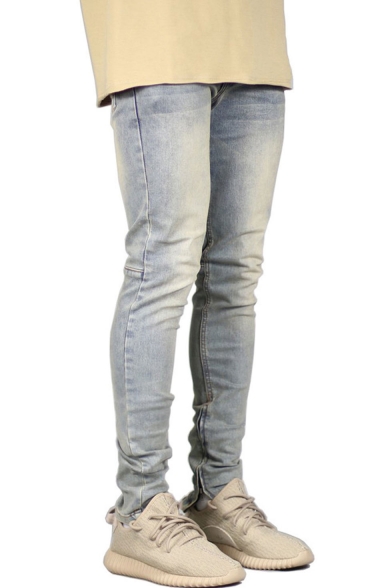 Men's Trendy Simple Plain Vintage Washed Zip Cuffs Sling Fit Casual Jeans