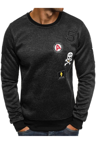 Mens Cool Simple Letter Skull Logo Patched Heather Color Long Sleeve Pullover Fitted Sweatshirt