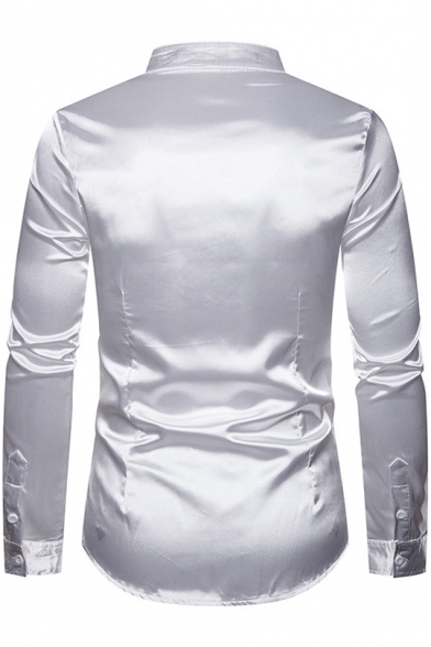 Mens Fancy Boutique Metallic Color Stand Collar Long Sleeve Button Up Slim Satin Shirt