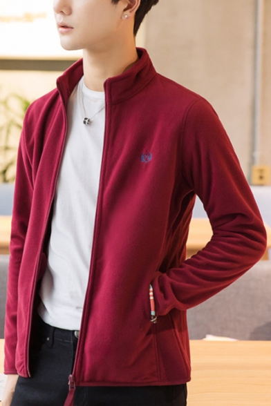 Mens Fashion Stand Collar Long Sleeve Zip Up Fitted Fleece Sweatshirt Jacket