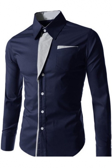 Mens Fashion Striped Patched One Pocket Patched Long Sleeve Button Front Slim Dress Shirt