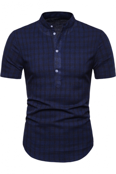Mens Summer Trendy Plaid Pattern Button Stand Collar Short Sleeve Slim Fitted Henley Shirt