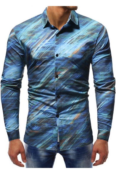 Mens Trendy Blue Painting Long Sleeve Button Up Slim Fit Shirt