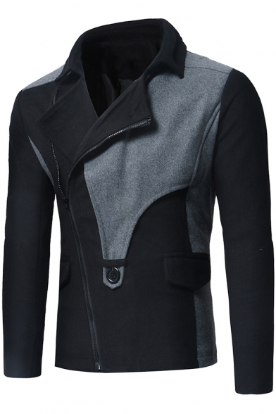 Mens Unique Stylish Patchwork Lapel Collar Long Sleeve Zip Up Fitted Jacket