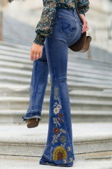 New Arrival Floral Embellished Wide Leg Fitted Boot Cut Denim Pants
