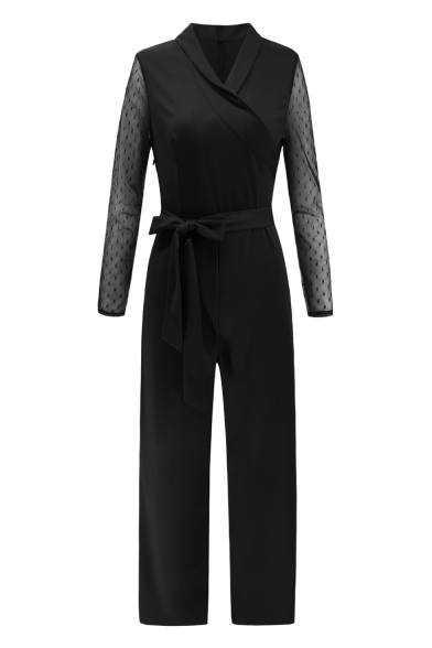 New Arrival Plunge V-Neck Lapel Collar Sheer Mesh Patchwork Self-Tie Slim Fitted Jumpsuits