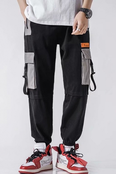 New Fashion Buckle Strap Colorblocked Pocket Drawstring Waist Men's Cotton Cargo Pants