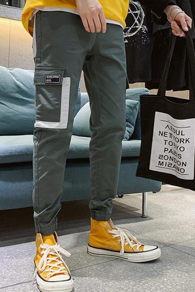 New Fashion Colorblocked Flap Pocket Elastic Cuff Slim Fit Cotton Cargo Pants for Men