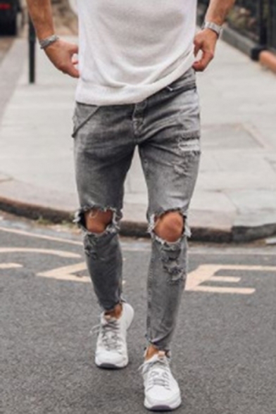 New Fashion Grey Cool Knee Cut Distressed Slim Ripped Jeans with Holes for Men