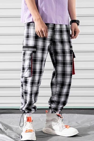 New Fashion Plaid Pattern Stripe Patched Flap Pocket Men's Casual Cotton Drawstring Cargo Pants