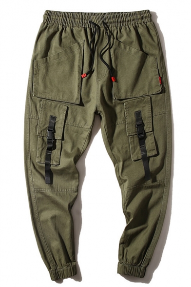 New Fashion Solid Color Buckle Strap Multi-pocket Drawstring Waist Elastic Cuff Casual Cargo Pants