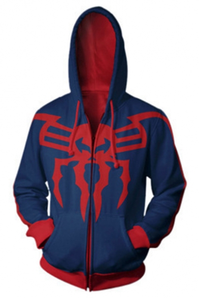 New Stylish Blue and Red Spider Pattern Long Sleeve Zip Up Hoodie