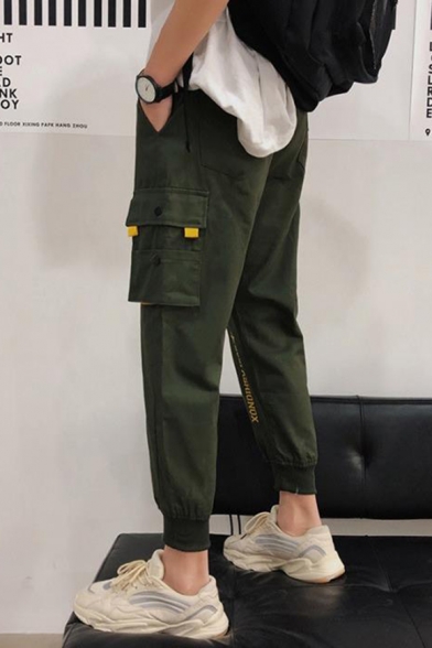 New Trendy Letter Star Printed Drawstring Waist Cotton Casual Cargo Pants with Side Pocket