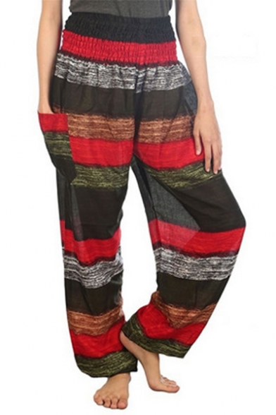 New Trendy Multicolor Striped Pocket Side Elastic Waist Wide Leg Bloomer Pants