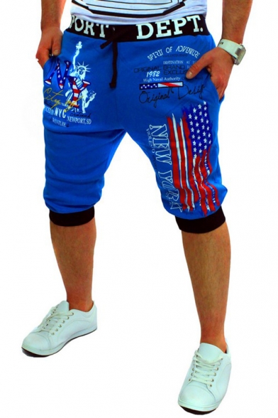 Popular Fashion New York Letter America Flag Printed Drawstring Waist Men's Sports Sweat Shorts