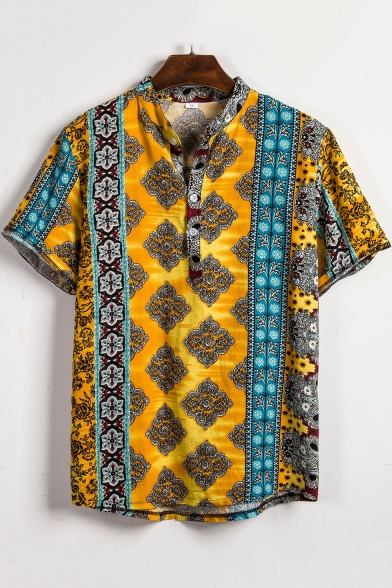 Retro Tribal Floral Printed Basic Short Sleeve Button Front Yellow Casual Shirt for Guys