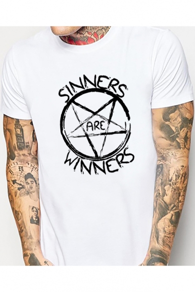 Simple Circle Star Letter SINNERS ARE WINNERS Print Short Sleeve Graphic Tee