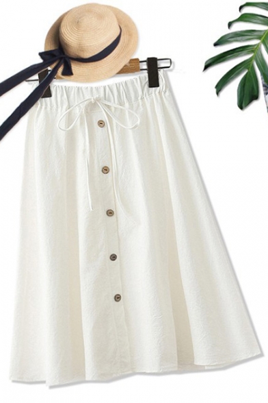 Students Simple Plain Drawstring Waist Button Down Midi A-Line Linen Skirt
