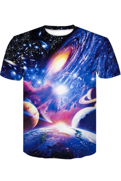 Stylish Blue Universe Galaxy 3D Pattern Round Neck Short Sleeve T-Shirt