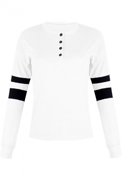 Stylish Button V-Neck Striped Long Sleeve Loose Fit T-Shirt