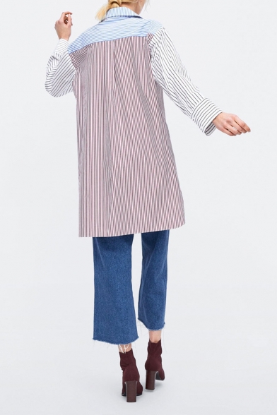 Stylish Colorblock Vertical Striped Printed Long Sleeve Split Side High Low Hem Longline Button Down Shirt