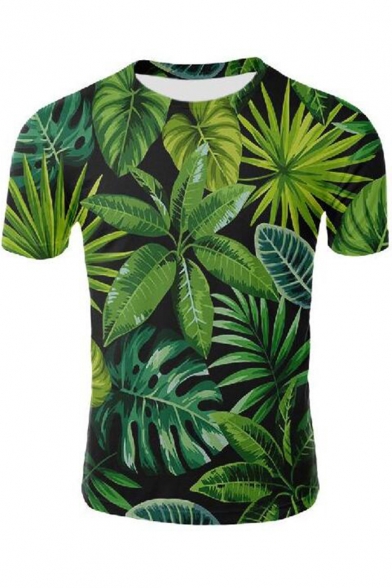 Summer 3D Green Leaf Pattern Round Neck Short Sleeve Fitted T-Shirt