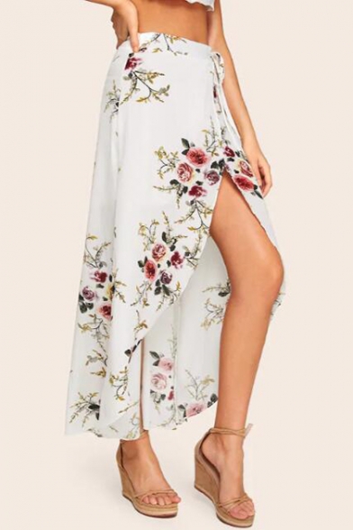 Summer Chic White Floral Printed Split Front Maxi Beach Wrap Skirt