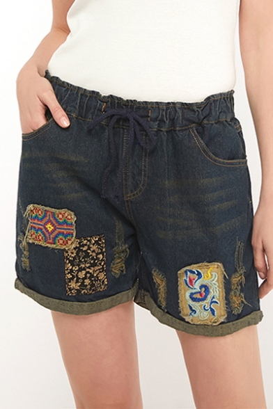 

Summer Ethnic Style Tribal Patched Rolled Cuff Drawcord-Waist Loose Casual Denim Shorts, LM547522