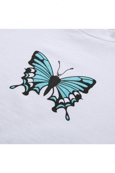 Summer Fashion Butterfly Printed Short Sleeve Slim Fit White Crop Tee