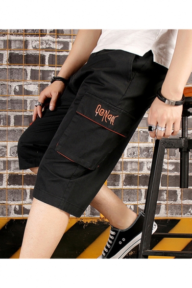 Summer Fashion Letter Printed Flap Pocket Men's Casual Cotton Cargo Shorts
