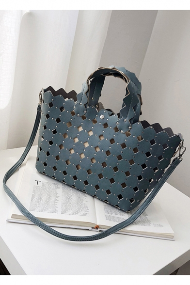 Summer Fashion Plain Geometric Hollowed Rivet Embellishment Beach Bag Shoulder Tote Handbag 28*22*13 CM