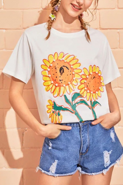 Summer Girls Cute Sunflower Pattern Round Neck Short Sleeve White Casual Tee