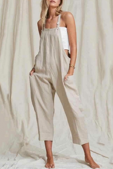 Summer Girls New Stylish Plain Cotton and Linen Pocket Side Casual Loose Overall Jumpsuits
