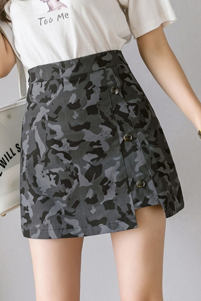Summer Girls Trendy Camo Printed Button Embellished Split Side Mini A-Line Skirt