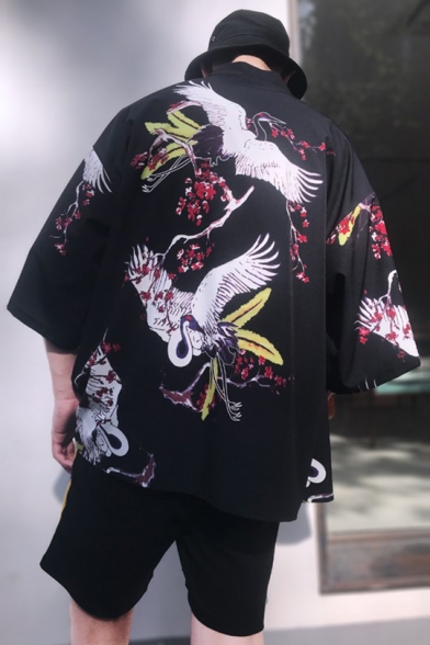Summer Guys Retro Ukiyo-e Style Floral Crane Printed Three-Quarter Sleeve Open Front Kimono Blouse Shirt
