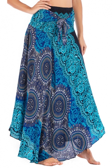 Summer Holiday Ethnic Style Tribal Printed Tied Waist Maxi Beach Flared Skirt