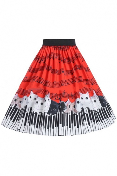 Summer Hot Fashion Elastic Waist Music Cat Print Pleated Mini A-Line Skirt
