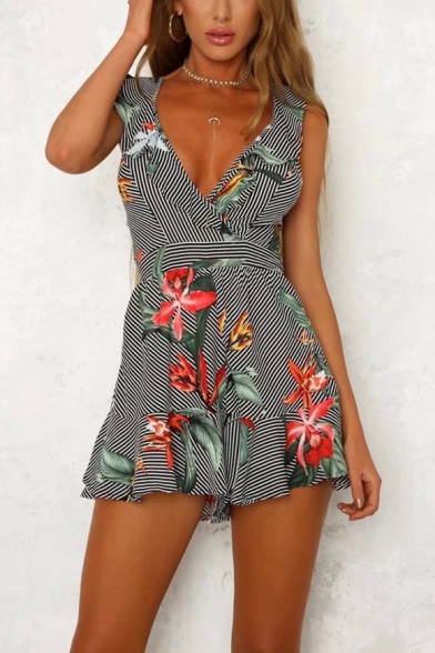 Summer Hot Fashion Floral Stripe Print Open Back Sleeveless Black Romper for Girls