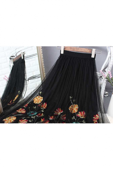 Summer Hot Fashion High Waist Plain Chiffon Floral Embroidered Midi Pleated Dress