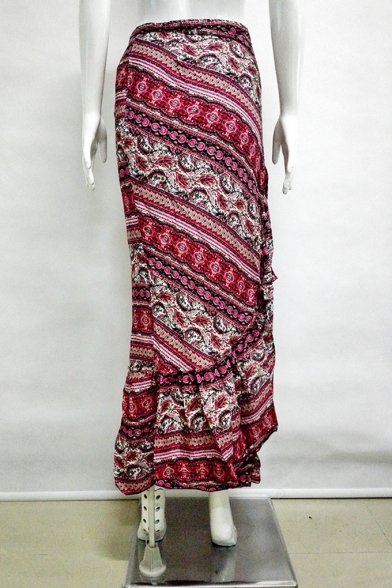 Summer Hot Fashion Self-Tie Boho Tribal Print Split Ruffle Hem Midi Beach Skirt