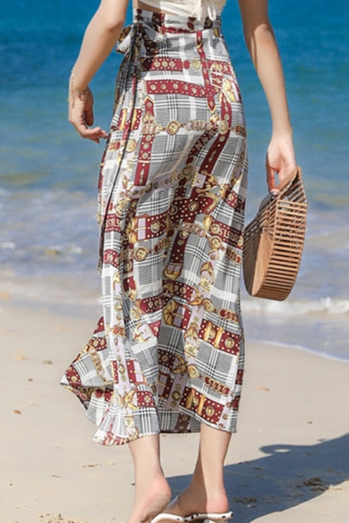 Summer Hot Stylish Chain Print Split Straight Chiffon Wrap Midi Holiday Skirt