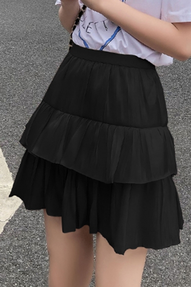 Summer Hot Sweet Plain High Waist Tiered Cake Puffy Mini Skirt for Women