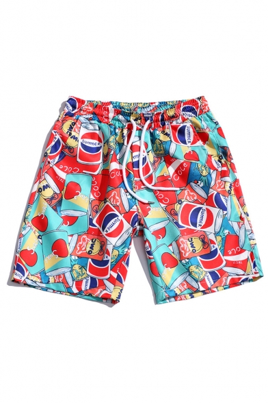 Summer Popular 3D Drink Pattern Drawstring Waist Beach Shorts Swim Trunks for Guys with Pockets