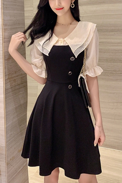 Summer Popular Black Vintage Ruffle Sleeve Chiffon Patch Button Embellished Mini A-Line Flared Dress