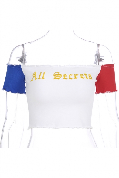 Summer Simple Letter ALL SECRETS Embroidery Colorblock Short Sleeve Off the Shoulder Slim White Crop Tee