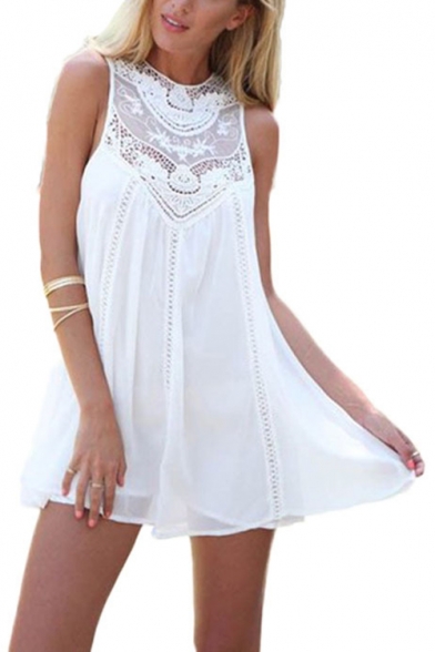 Summer Stylish Hollow Out Round Neck Sleeveless Mini White Chiffon Tank Dress