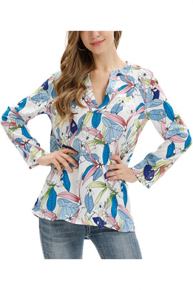 Summer Trendy Blue Leaf Pattern V-Neck Long Sleeve Relaxed Fit Casual Shirt Blouse