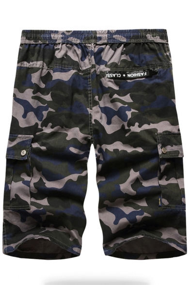 Summer Trendy Camouflage Printed Flap Pocket Side Drawstring Waist Leisure Cargo Shorts for Men